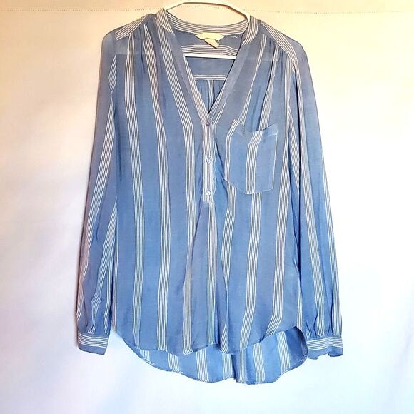 H&M Blue & White Striped Blouse V Neck Long Sleeve Top Shirt Tunic - Picture 2 of 7